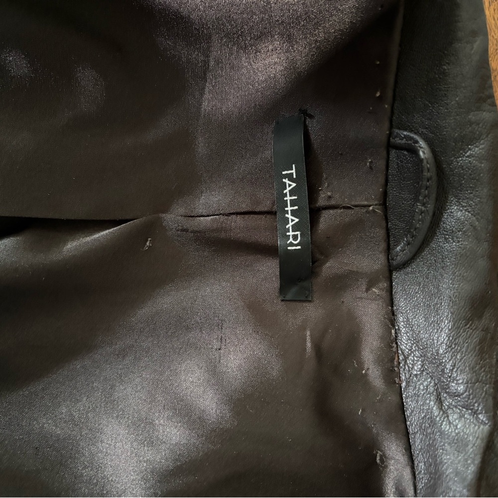 Tahari Dark Brown Collarless Leather Jacket - Picture 6 of 11